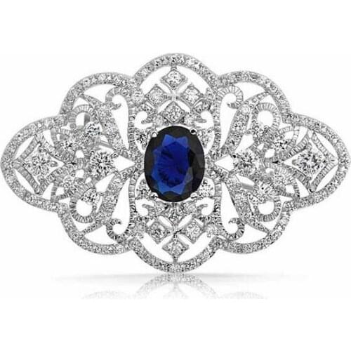 2.2 Inch Vintage Look Clear Rhinestone Crystal Diamante Wedding Jewelry Brooch With Dark Blue Stone