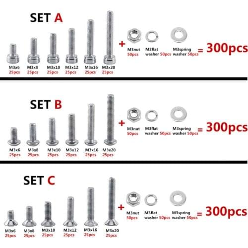 300pcs/set M3 Screws 304 Stainless Steel Hex Socket Screws Falt Head Bolt With Hex Nuts Washer Assortment Set Hardware