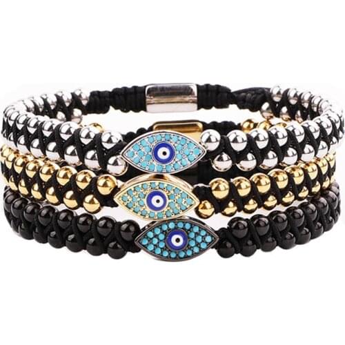 High Quality Women Men Bracelet Stainless Steel Beads Blue CZ Eye Charm Braided Macrame Beaded Friendship Bracelet Lucky Gift