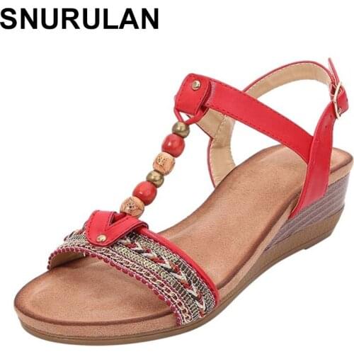 SNURULANShoes Women2020 Female Summer New Sandals Rome L Sandals Beaded Bohemia Sandals Fashion Wedges Buckle Strap Open