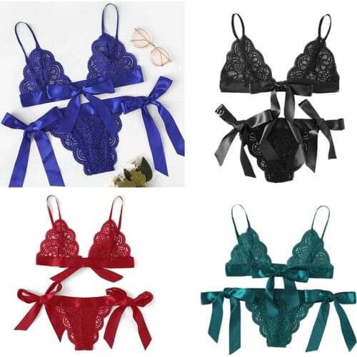 Women Bras Christmas Flirt Sexy Lingerie Female Underwear Suit Bow Lace Three Point Valentines Day Clothes Brassiere Exotic Set
