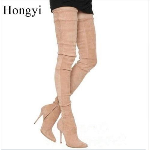 Hongyi Women Boots Stretch Over Knee Spring Autumn Boot Thigh High Boots Shoes Woman Big Size Pointed Toe High Heels Botas Mujer