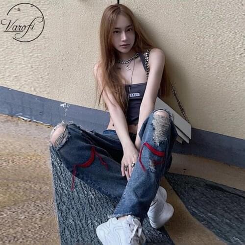 Varofi Ripped jeans ladies high street hiphop high waist straight leg pants ripped jeans for women y2k pants jeans for women