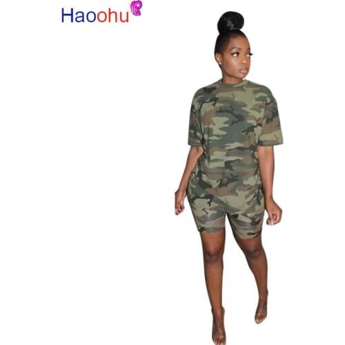 2020 Camouflage Print Women Two Pieces Sets Summer Tracksuits Tee Tops+ Shorts Leggings Suit Sporty Fitness Night Outfits 2 Pcs