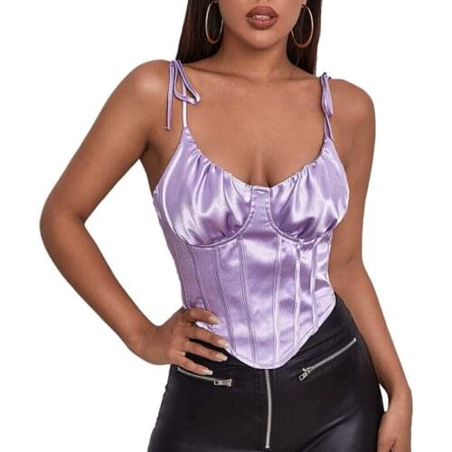 Women’s Solid Color Bustier Tops, Pleated V-neck Drawstring Irregular Hem Lace-up Evening Party Club Sling Vest Summer 2021