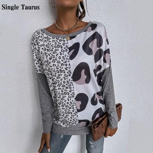 Dot Stitching Leopard Print Print Women Tops 2021 Autumn Long Sleeve Casual Loose Graphic Tees Women Aesthetic T-shirt Clothes