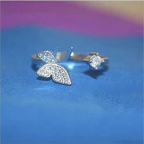Popular 925 Sterling Silver Jewelry Temperament Simple Cute Butterfly Micro-inlay Crystal Opening Beautiful Ring SR143