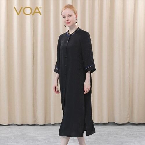 VOA Silk Jacquard Wrist Sleeve Stand Neck Single Breasted Casual Loose Comfortable Black Shirt Dress for Women Clothing AE381