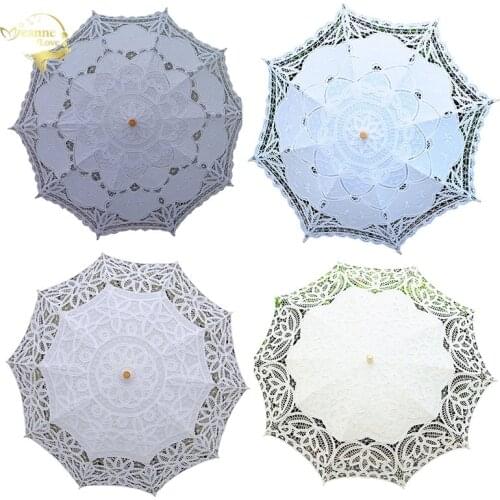 Handmade Embroidery Lace Parasol Umbrella Women Wedding Bridal Photograph White Cotton Fashion Wooden Handle Decoration Umbrella