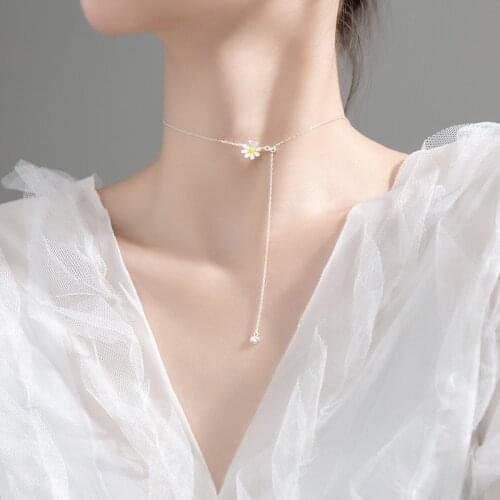 100% real 925 Sterling Silver Fine Jewelry Daisy Flower Sun Flower Pendant clavicle Short Choker Y Lariat Necklace collarbone
