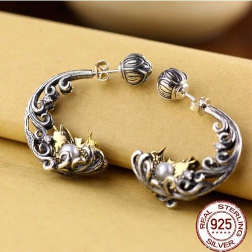 2020 Ethnic Thai Silver Wave Fish Silver Earrings for Women Real 925 Silver Vintage Brincos Natural Pearls Lotus Studs Earrings