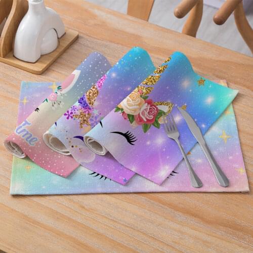 Placemats Unicorn Printed Polyester Linen Tableware Mat for Kitchen Table Waterproof Cartoon Pad Coaster Home Decor 32*42cm/pc