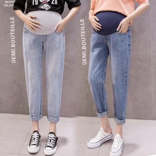 8909# Autumn Korean Fashion Denim Maternity Straight Jeans Adjustable Belly Pants Clothes for Pregnant Women Pregnancy Trousers