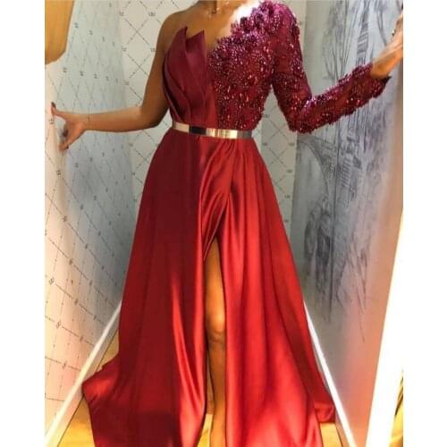 Exclusive Gorgerous Evening Gown Occasion Burgundy Lace Appliques One Sleeve Satin Aline Evening Reception Dress For Bride Party