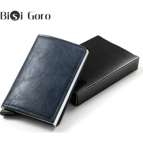 BISI GORO RFID Smart Card Wallet Vintage PU Leather Minimalist Wallet 2020 Metal Aluminum Thin Mini Wallet Carteira With Box