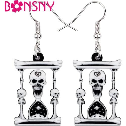 BONSNY Halloween Acrylic White Skull Skeleton Hourglass Earrings Fashion Big Drop Dangle Magical Jewelry For Women Girls Gifts