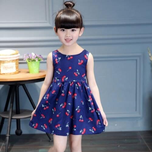 Cotton Kids Dresses For Girls Clothes Baby Girls Flower Cherry Print Sleeveless Holiday Dresses Bowknot Children Clothing 1-5T