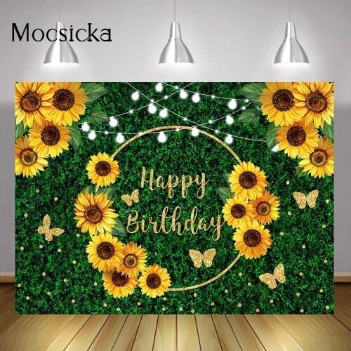 Sunflowers Themed Happy Birthday Backdrop Green Jungle Grass Birthday Cake Table Background Decoration Golden Ring Butterfly
