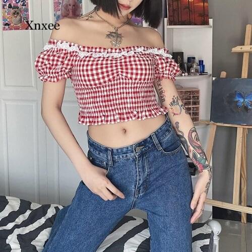 2021 Lace Square Collar Plaid Print Crop Tops Puff Sleeve Ruched Summer Sweet Streetwear Ruffles t Shirts Kawaii Tees Clothing
