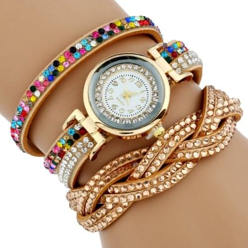 Gnova Platinum Fashion Strap Bracelet Women Watch Braided Mosaic Crystal PU leather dress quartz wristwatch Golden Dial A962