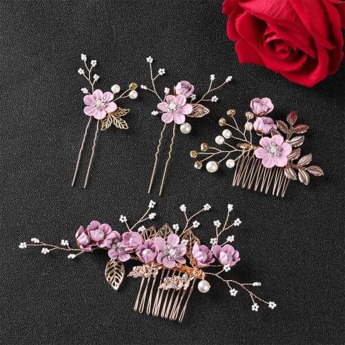 Bridal Clips Blue Flower Hair Combs Headdress Prom Bridal Wedding Hair Accessories Gold Leaves Hair Jewelry Hair Pins Hair Combs