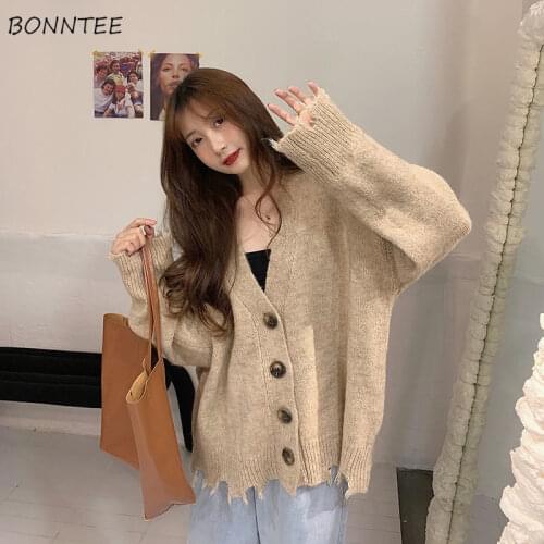 Cardigan Women Solid Single Breasted Students Korean Style Loose Knitting Teenagers Chic Vintage Sweater All-match V-Neck Design