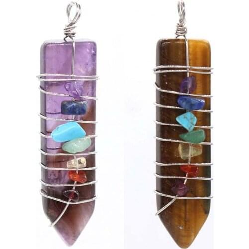 KFT Wire Wrapped 7 Chakra Sword Shape Pendant Healing Pionts Crystal Quartz Reiki Stone Amulet Pendants Jewelry