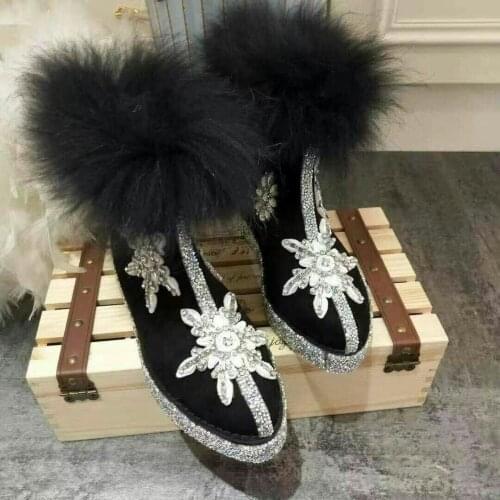 Fox fur inner heightened pointed toe thick-soled snow boots snowflake hand-stitched gemstone boots trendy