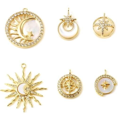 Copper Galaxy Charms Gold Color White Shell Rhinestone Star Moon Pendants DIY Making Necklace Women Party Jewelry Gifts,1Piece