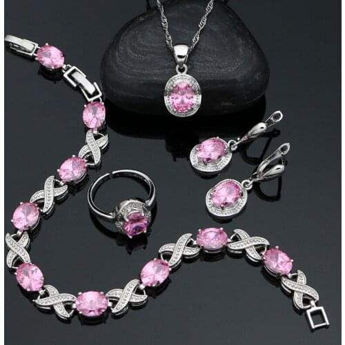 Sweet Pendant Earrings Bracelet Necklace Open Ring Pink Cubic Zirconia Jewelry Set for Women 925 Silver Jewelry Engagement Gift