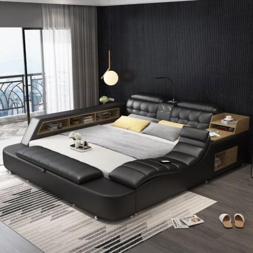 Multifunctional massage bed frame modern Nordic camas Genuine Leather ultimate bed With storage LED light Bluetooth speaker safe