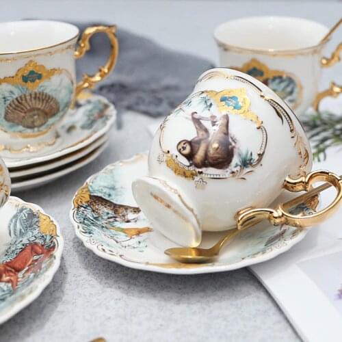 High Quality White Jade Porcelain Coffee Cup Set, Home Afternoon Tea Ceramic Coffee Dessert Cup ,Jungle Animal Ceramic Cup