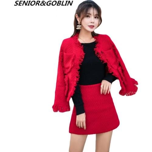 New 2020 High Quality Autumn Winter Red Tweed Long Sleeve Mini Skirt Suits Women Runway Tassel Pocket Jacket Coat Two Piece Set
