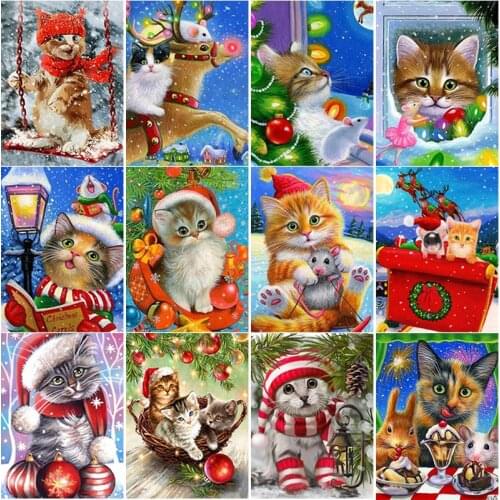 New 5D DIY Diamond Painting Christmas Cat Diamond Embroidery Animal Cross Stitch Full Square Round Drill Home Decor Manual Gift
