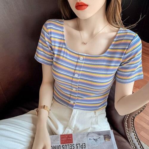 Summer New Tshirt Korean Square collar Female Tops new rainbow stripe Short sleeve T Shirt Women Short tshirt women