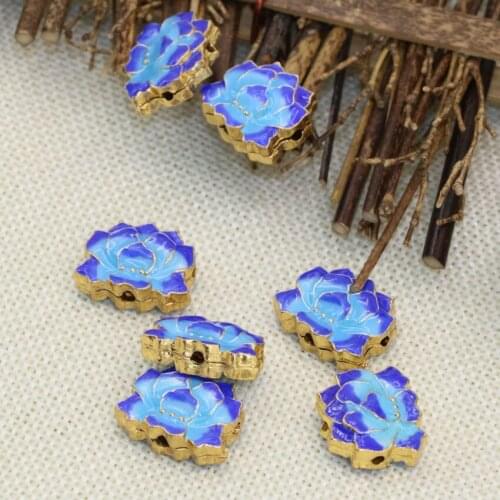 Wholesale price fashion 5pcs blue enamel flower shape cloisonne accessories 15*18mm gold-color spacers beads findings B2506