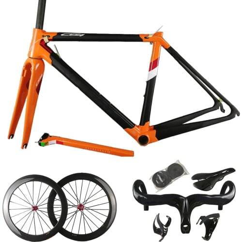 Orange Black Gloosy Carbon Bike C64 Frame Carbon Fiber Road Bike Frames Bicycle Frameset Wheelset 50mm With Novatec A271 Hubs
