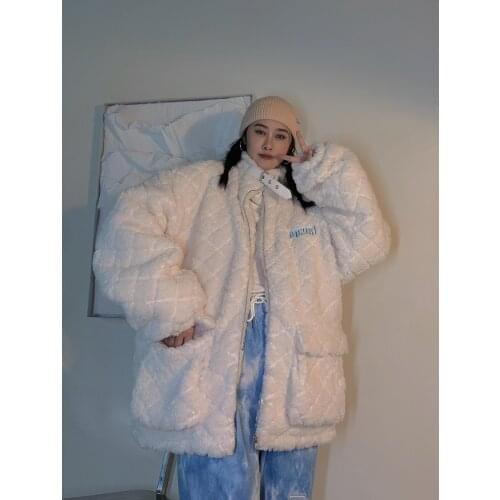 High collar lamb wool coat womens winter Korean casual loose style ancient Chinese thickened cotton wool cotton coats jackets