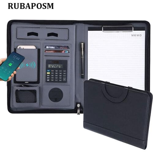 A4 Portfolio Folder Wireless Charging Business Zipper Binder Office Notebook Organizer Pu Leather with Calculator 10000mah Power