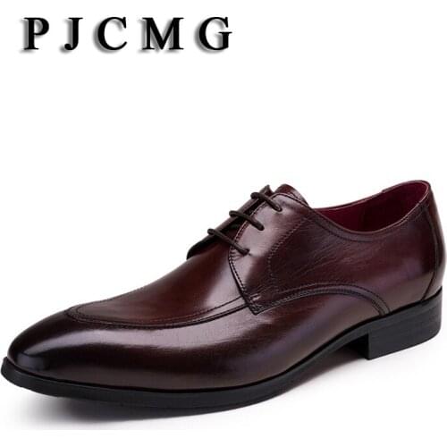 PJCMG Fashion New Black /Red Oxfords Formal Dress Lace-Up Pointed Toe Genuine Leather Business Man Wedding Shoes