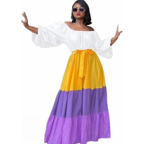 African Ruffles Long Dress Women Lantern Sleeve Lace Up Splice Robes Fashion Vintage Square Collar Elegant Holiday African Dress