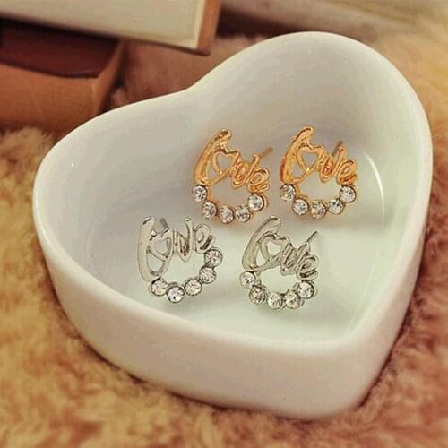 Romantic Heart Shaped Golden Siver Love Words 5 Shiny Crystal Hollow Stud Earrings for Women Jewelry