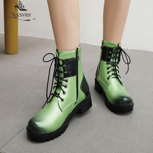 Sgesvier Autumn Winter 2020 Fashion Lace Up Street Punk Chunky Heels Ankle Biker Combat Boots for Women Green Black Female Shoes