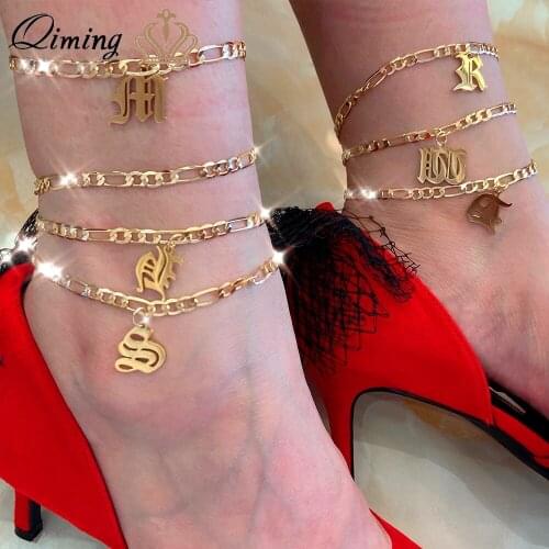 Old English Font Initial Anklets For Women Stainless Steel Jewelry A-Z Letter Foot Chain Anklet Bracelet Boho Beach Jewelry