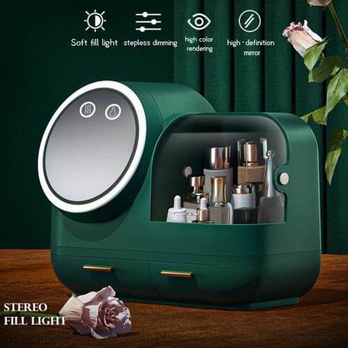 USB Cosmetic Storage Box With LED Light Makeup Mirror Cosmetics Skin Care Products Drawers Holder Portable Organizer Container