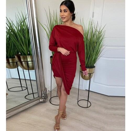Long Sleeve Ruched Party Dress Women Sexy Slash Neck Off Shoulder Robe Asymmetrical Mini Dresses 2021 Autumn Fashion Y2K Clothes