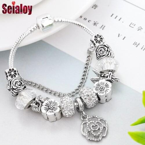 SEIALOY Silver Color Crystal Flowers Beaded Bracelets For Women Men Original Angels Beads Charm Bracelet Bangle Fashion Jewelry