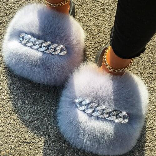 Real Fox Fur Slippers For Women Diamond Chain Furry Fur Slides Fluffy Flip Flops House Plush Beach Flat Slippers Summer Sandals