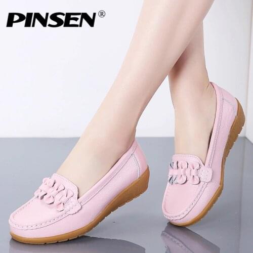 PINSEN Fashion Women Ballet Flats Shoes Genuine Leather Loafers Shoes Woman Slip-on Flats Ladies Shoes Heels Creepers moccasins