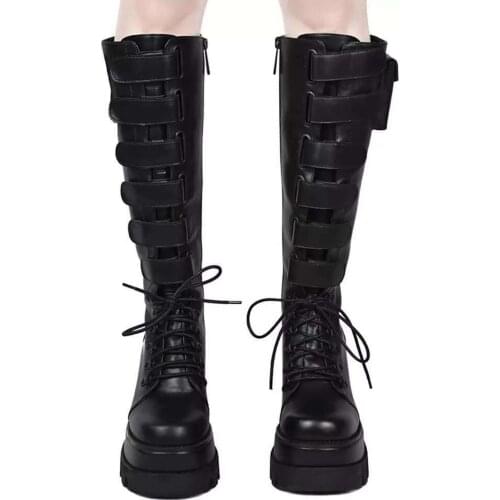 Women Winter Chunky Handsome Locomotive Mid-tube Casual Motorcycle Round Toe Slope Heel High-top Rider Boots PU Leather Shoes#35